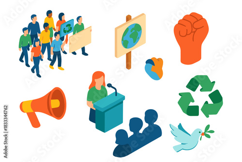 Climate Protest Icons. Isometric vector illustration set Climate action – climate protest march, banner sign, megaphone; globe