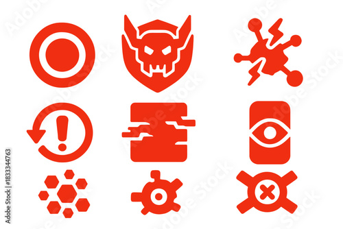 Rogue AI Icons. Solid style icons of rogue AI threats: red core icon, corrupted droid badge, virus spark panel. Malfunction signal