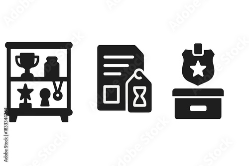 Business Relic Icons. Solid style icons of business relic collections: display shelf icon, artifact tag file, curated corporate