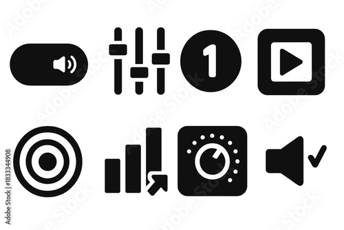 Audio Channel Icons. Solid style icons of audio-channel selection tools: toggle icon, multi-channel glyph, selector badge. Audio