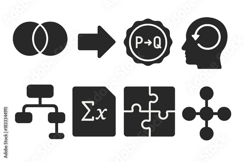 Symbolic Logic Icons. Solid style icons of symbolic logic and reasoning: Venn diagram glyph, logical arrow icon, formula badge.