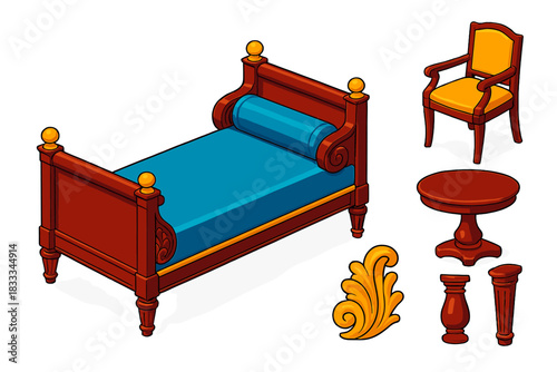 Antique Furniture Icons. Isometric vector illustration set Antique furniture – Empire daybed, mahogany frame, brass finials;