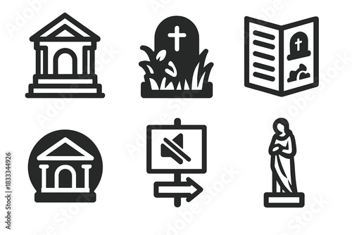 Cemetery Tourism Icons. Line style icons of Cemetery Tourism: chapel steps, overgrown marker, tour pamphlet, vault symbol, quiet