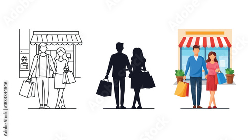 Couple silhouette and line art of man and woman holding shopping bags walking away from store front illustration set