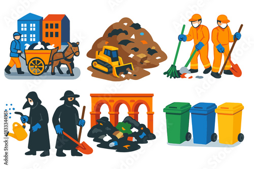Waste Management Evolution. Isometric vector illustration set History of waste management: garbage carts in city streets, landfill