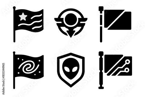 Futuristic Flag Icons. Line style icons of Vexillology: fictional flag icon, sci-fi emblem, futuristic pole, galaxy banner, alien