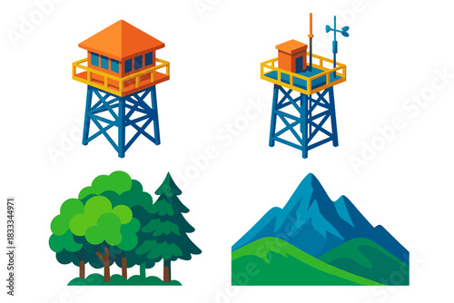 Skyscraper Silhouette Icons. Isometric vector illustration set Skyscraper silhouettes – fire lookout tower, observation cage,