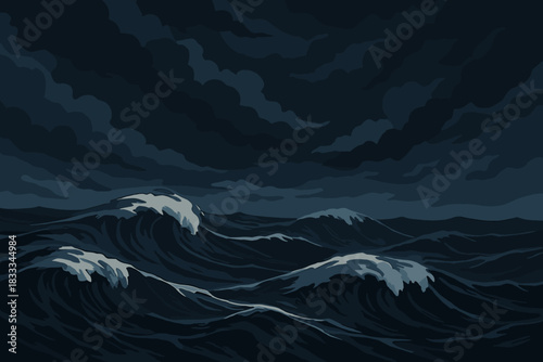 Stormy Ocean Drama. Dark stormy ocean waves with a brooding sky above, rich navy and charcoal tones, dramatic and powerful, ideal