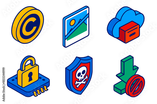 Digital Copyright Protection. Isometric vector illustration set Digital Copyright Protection: copyright © symbol, watermarked