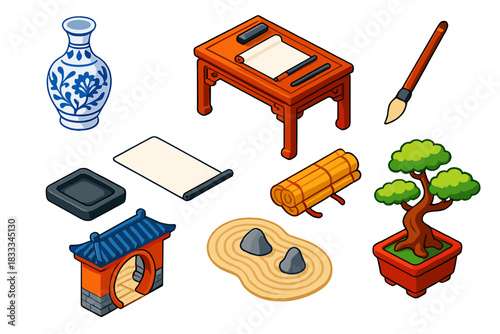 Chinese Cultural Heritage Icons. Isometric vector illustration set Cultural heritage – Chinese porcelain vase, scholar’s desk,