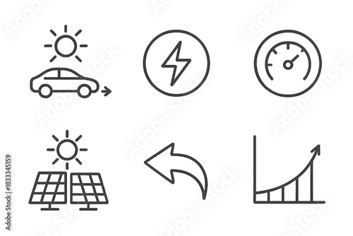 Solar Vehicle Icons. Line style icons of solar vehicle performance metrics: mileage per sunlight, charge speed icon, battery