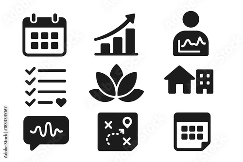 Post-Retreat Reintegration Icons. Solid style icons of post-retreat reintegration: back-to-office calendar, energy bar rising icon