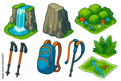 Mountain Adventure Icons. Isometric vector illustration set Mountain landscapes – alpine waterfall, cliff face, plunge pool; mossy