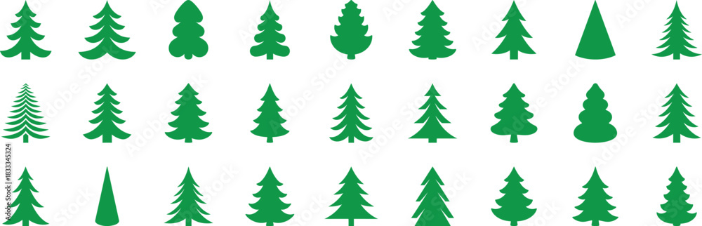 Fototapeta premium Green Christmas Tree Silhouette Vector Icons Set: Diverse Collection of Pine and Fir Shapes for Holiday Cards, Festive Design, and Winter Graphics AI Generative