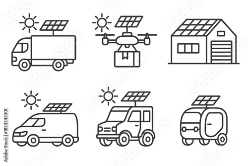Solar Logistics Icons. Line style icons of solar logistics vehicles: sun-powered cargo truck, solar drone delivery, warehouse with