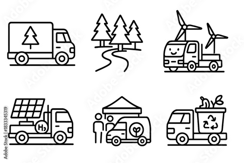 Eco-friendly Transport Icons. Line style icons of environmental use cases: national park transport truck, forest logistics trail,