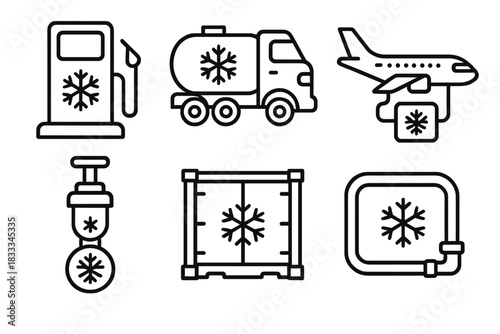 Cryogenic Transportation Icons. Line style icons of cryogenics in transportation: cryo fuel station, cooled vehicle tank, aircraft