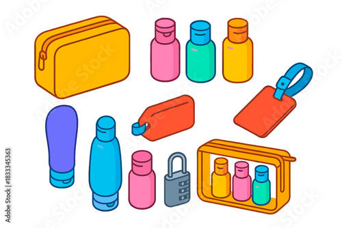 Colorful Skincare Travel Set. Isometric vector illustration set Skincare routine – travel minis set, mini cleanser, mini