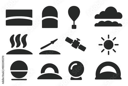 Atmospheric Observation Icons. Solid style icons of High-altitude observation: stratosphere layer, horizon line, atmospheric