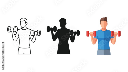 Set of three icons depicting a man performing bicep curl exercise with dumbbells in line art, silhouette and flat color style