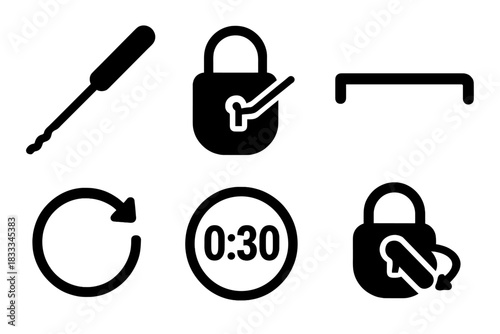 Competitive Lockpicking Icons. Line style icons of Competitive Lockpicking: raking tool, single pin picking icon, lockpick tension