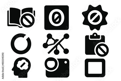 Abstract Icon Set. Solid style icons of anti-semantics courses: blocked meaning glyph, null context icon, anti-badge. Broken logic