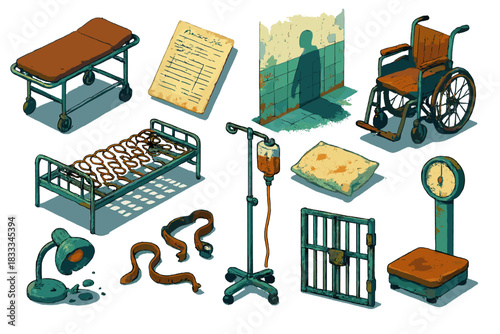 Forgotten Asylum Icons. Isometric vector illustration set Forgotten Asylum: iron gurney, handwritten medical chart, corridor