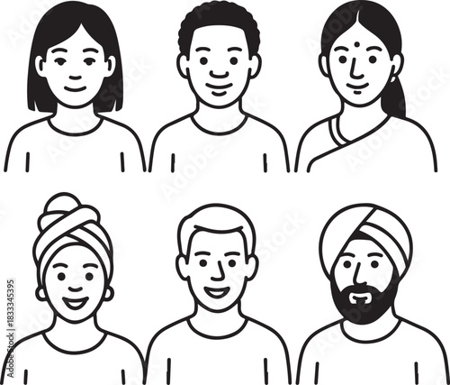 Diverse group of people in simple line art illustration style