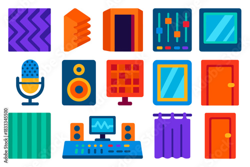 Studio Soundproofing Icons. Flat vector icons of recording studio soundproofing: acoustic foam panel, bass trap, vocal booth,