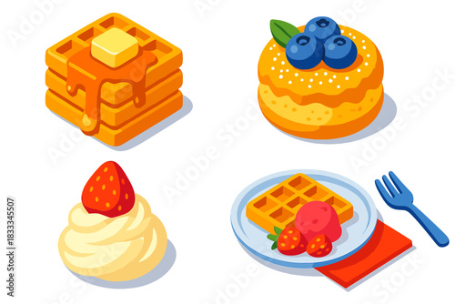 Vibrant Dessert Icons. Isometric vector illustration set Ice cream and desserts – waffle stack, butter pat, maple syrup; powdered