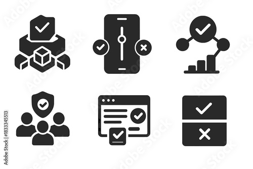 DAO Governance Icons. Solid style icons of DAO voting systems: ballot on blockchain, vote slider screen, token-weighted decision