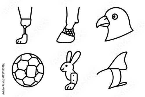 Animal Prosthetic Icons. Line style icons of animal prosthetics: dog leg prosthetic, horse hoof replacement, bird beak implant,