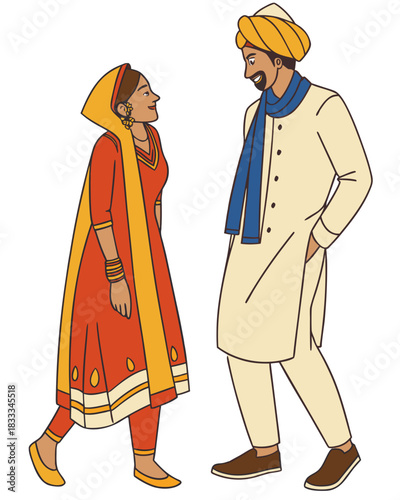 Two people in traditional South Asian dress face each other: one wearing a red-and-yellow salwar kameez with a matching dupatta and jewelry, the other in a cream kurta with a blue scarf.