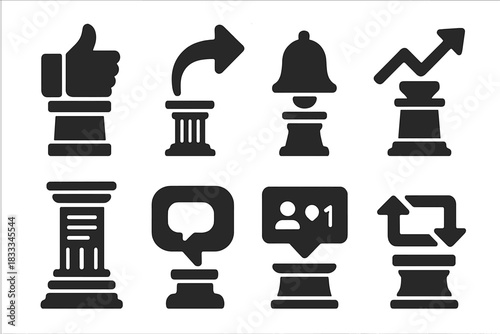 Icons as Marble Monuments. Solid style icons of internet culture monuments: like button block, share icon plinth, notification