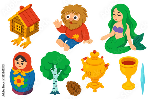 Slavic Mythical Icons. Isometric vector illustration set Mythology and folklore – Baba Yaga hut, domovoi spirit, rusalka mermaid;