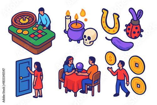 Sociology of Luck. Isometric vector illustration set Sociology of luck: gambling tables, ritual objects, lucky charms, cultural