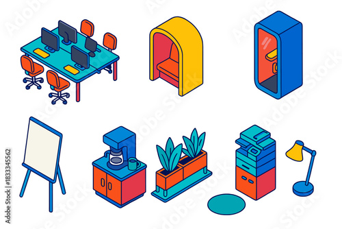 Vibrant Coworking Space Design. Isometric vector illustration set Interior layout – shared coworking space desk cluster, lounge