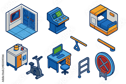 Space Station Interior. Isometric vector illustration set Space exploration – space station interior, control console, crew bunk;