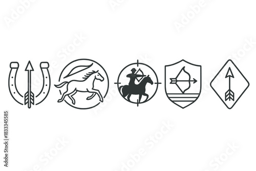 Horseback Archery Icons. Line style icons of horseback archery logos and badges: arrow-in-horseshoe icon, galloping horse in bow