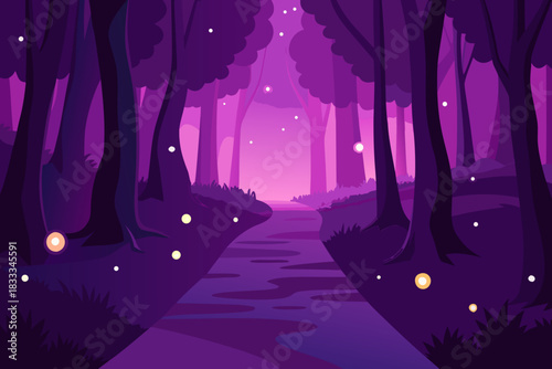 Enchanted purple forest with fireflies and a winding path illustration