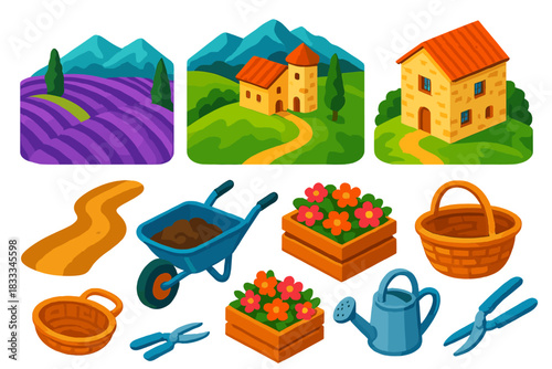 Mountain Landscape Icons. Isometric vector illustration set Mountain landscapes – rolling lavender fields, hilltop farm, stone