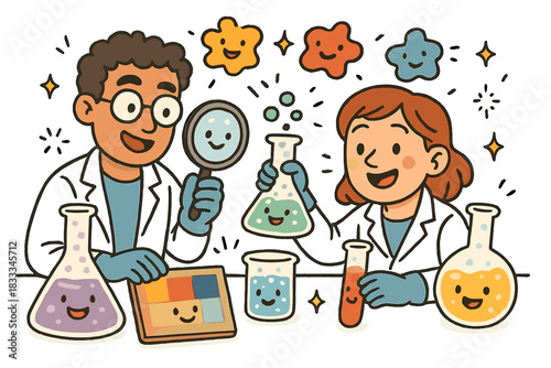 Playful Paint Testing. Friendly doodle chemical testing of historical paints with happy scientists, cartoon beakers and pigments