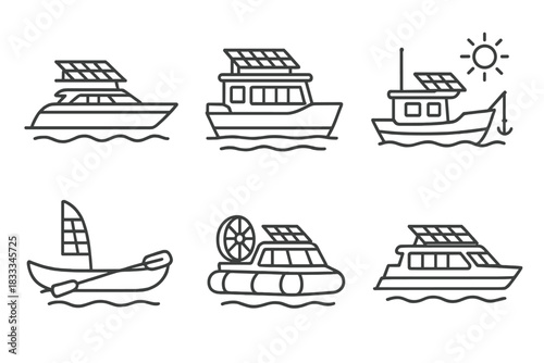 Solar-Powered Boat Icons. Line style icons of solar-powered boats and water vehicles: solar yacht icon, river ferry with panels,