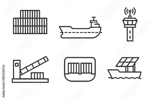 Cargo Ship Icons. Line style icons of cargo ship infrastructure: stacked containers layout, ship hull blueprint, control tower