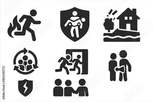 Emergency Icons Collection. Solid style icons of emergency response simulations: fire drill icon, rescue mission badge, disaster