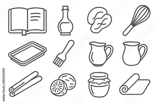 Memory Kitchen Icons. Line style icons of Memory Kitchen: Old Notebook, Peculiar Spice, Cursive Script, Taste Memory; Whisk,