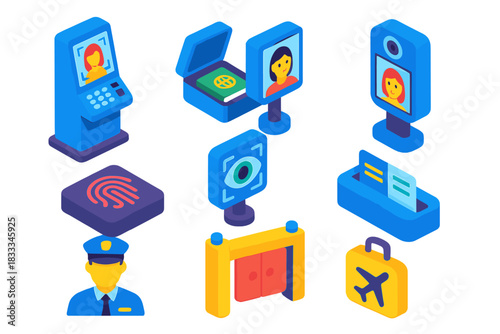 Biometric Security Icons. Isometric vector illustration set Biometric authentication – border control kiosk, passport scanner,