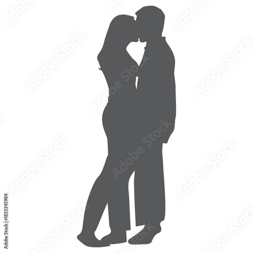 Romantic couple kissing silhouette in gray