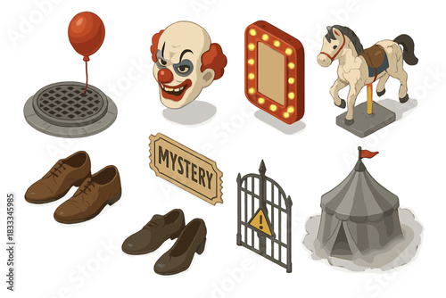 Urban Legends Carnival. Isometric vector illustration set of Urban legends: sewer grate with red balloon, creepy clown mask,