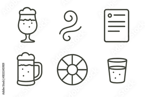 Tasting Experience Icons. Line style icons of tasting experiences: foam-topped tasting glass, aroma swirl icon, tasting notes card